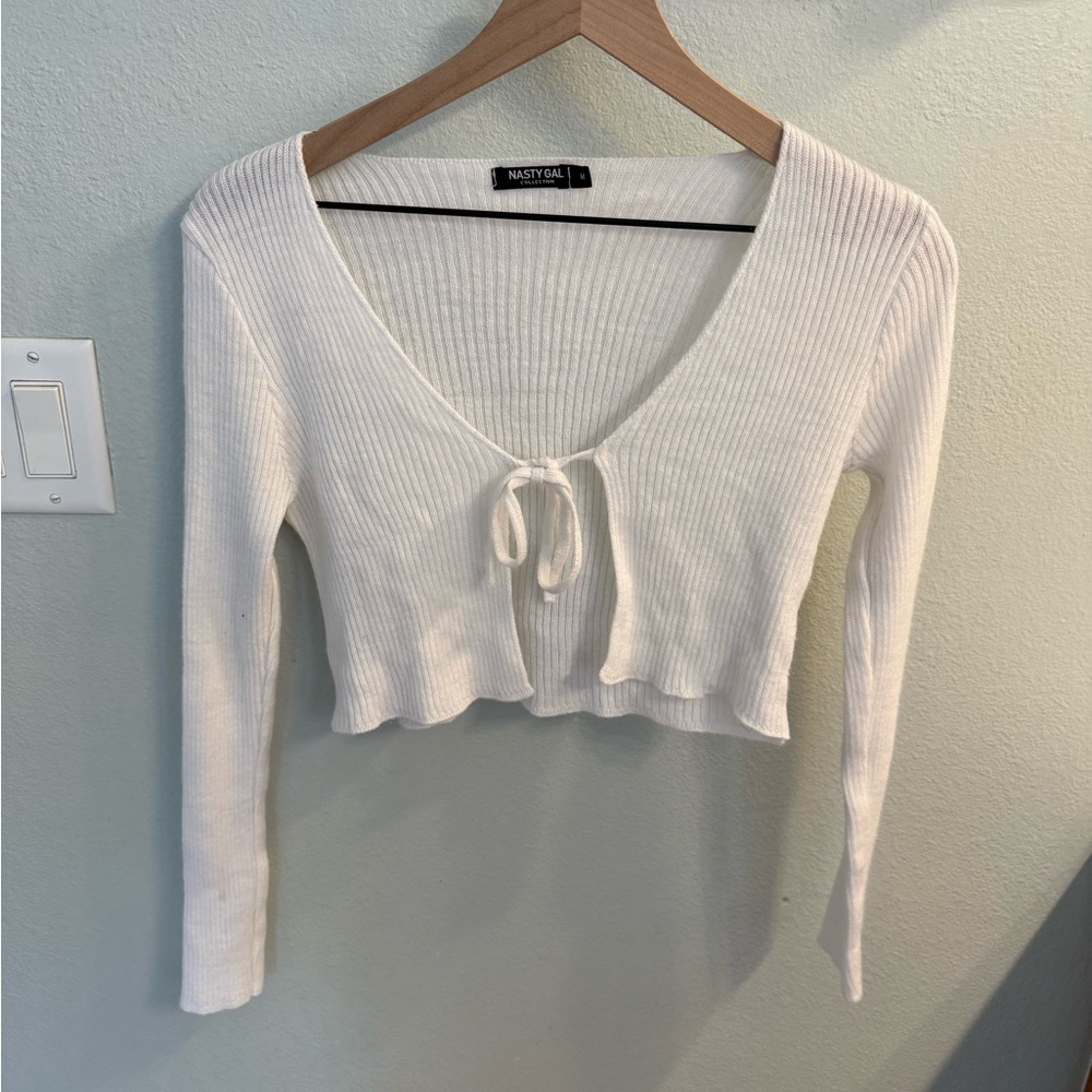 NASTY GAL white cropped tie front cardigan